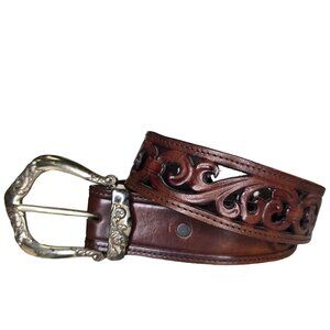 Vintage Brighton Leather vintage tooled belt Ornate Silver Buckle Size 32 Brown